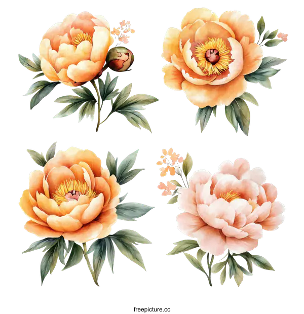 [Transparent Background PNG]Watercolor Peony Flower Illustration Set