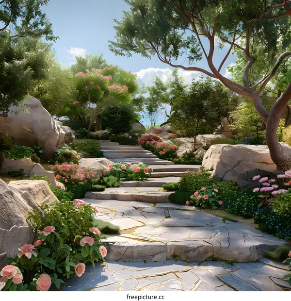 Stone slab road in fantasy forest