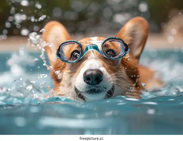A cute corgi dog is swimming in the pool with goggles on