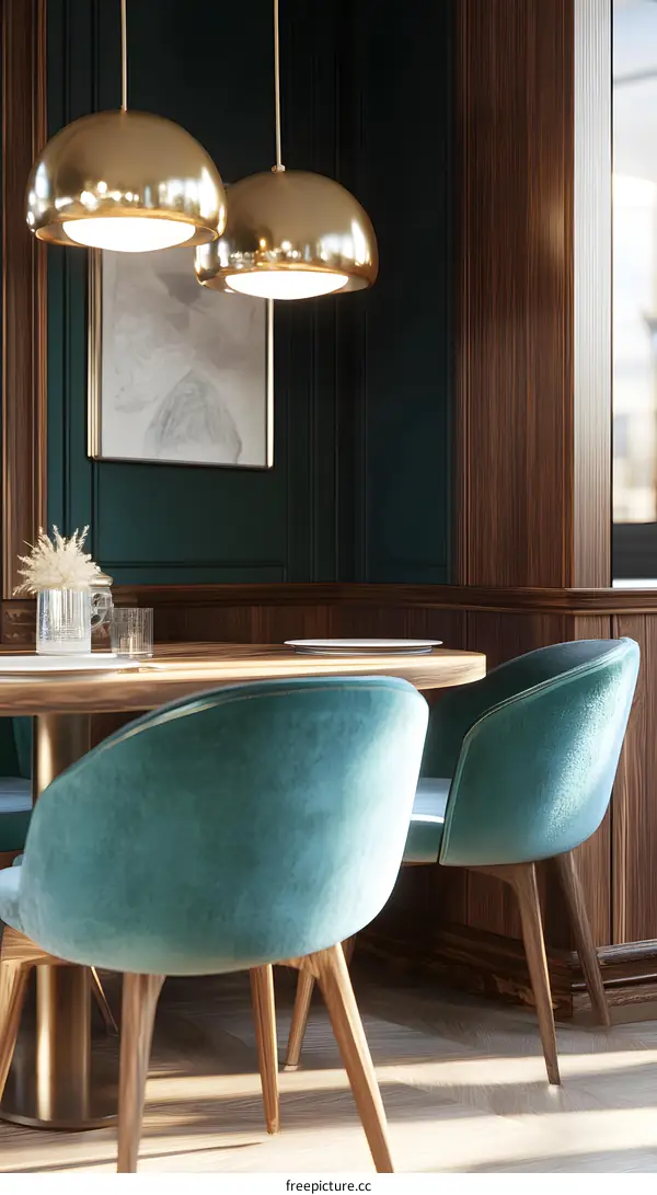 Modern Dining Room Interior Design With Green Walls And Gold Light Fixtures