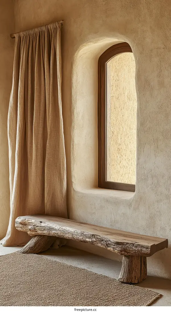 Rustic Wooden Bench in a Beige-Toned Room