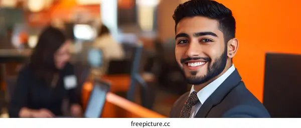 Smiling Indian Man in a Suit in an Office