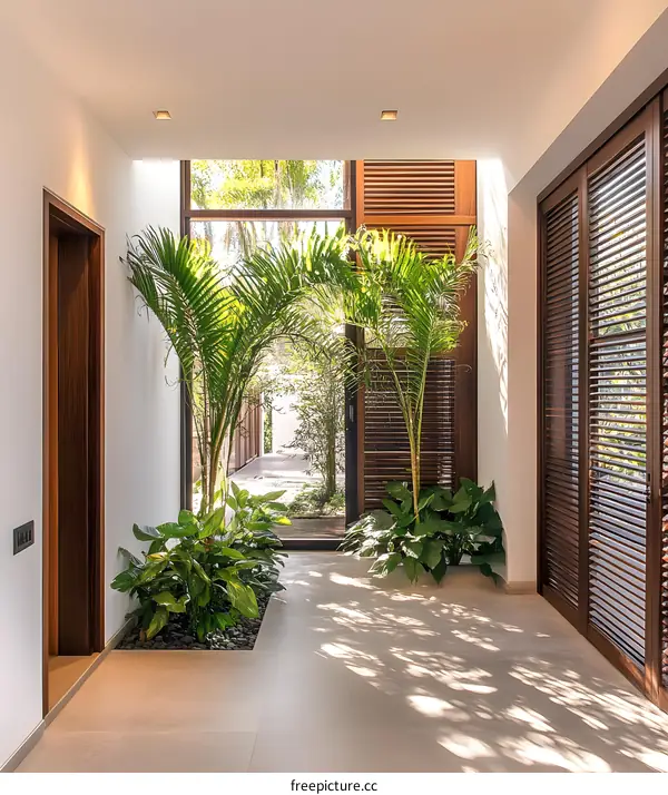 Modern Home Interior Design with Palm Trees and Wooden Shutters