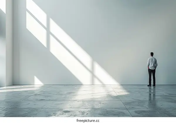 A man standing in a large empty room with sunlight streaming through the windows
