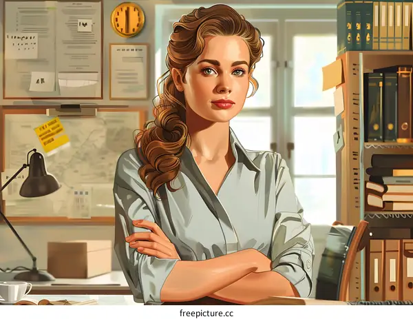 Confident beautiful woman in retro office interior