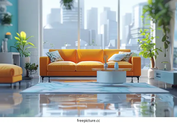 Airy and bright living room with large windows and a comfortable orange couch