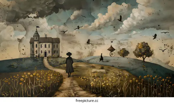 Surreal Painting of a House in a Field with People Walking on a Path