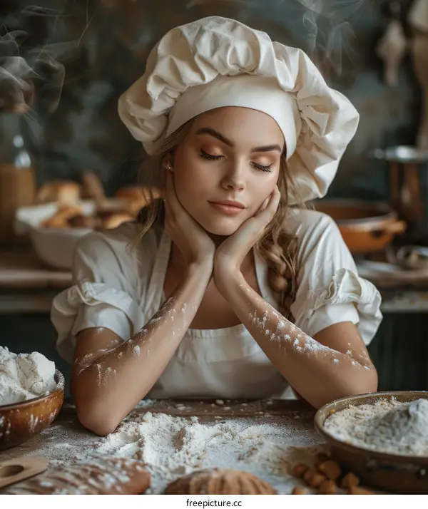 Female Chef Smearing Flour on Face While Cooking