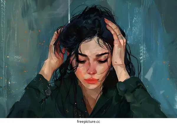 A woman with wet hair is holding her head