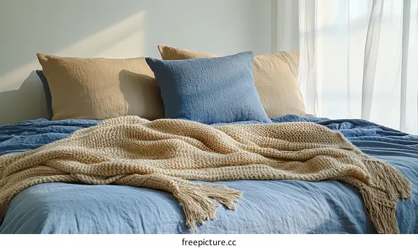 Cozy Linen Bedding Set with Knitted Throw