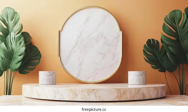 Elegant Marble Display Podium with Tropical Plants