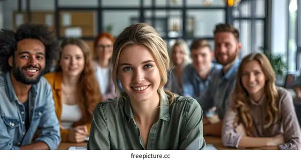 A group of people are sitting in an office smiling at the camera