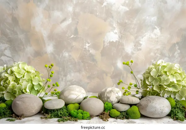 Green Hydrangeas, Smooth Stones, and Moss on a Neutral Background