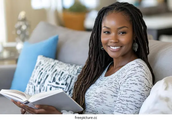African American Woman Reading a Book on a Sofa