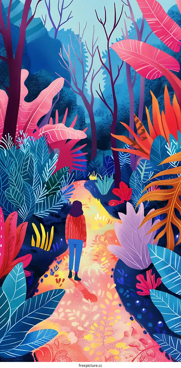 Woman Walking on a Path in a Colorful Forest