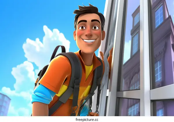 A smiling man looking through a window
