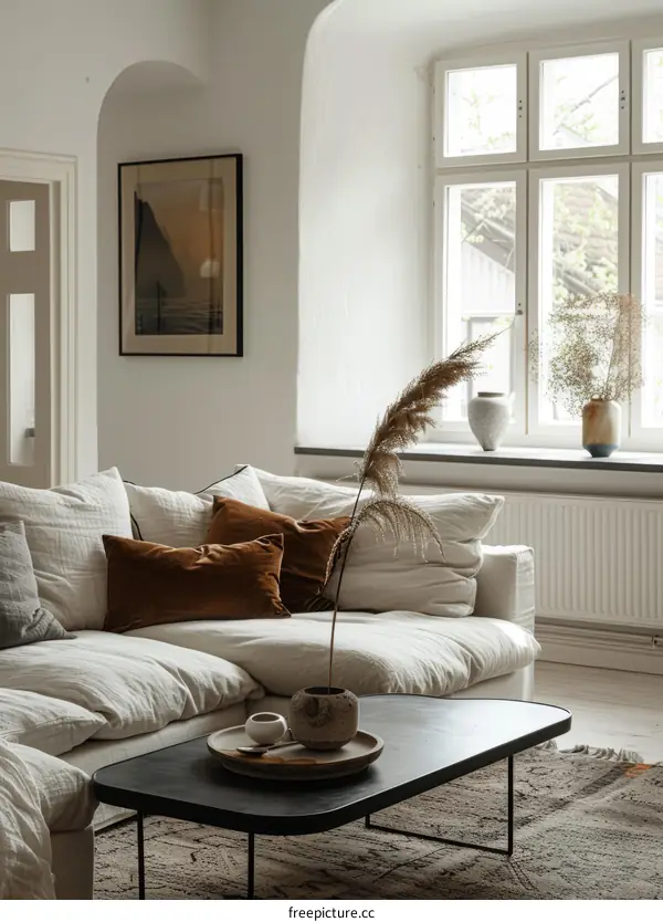 Airy and bright living room with large windows and a comfortable sofa