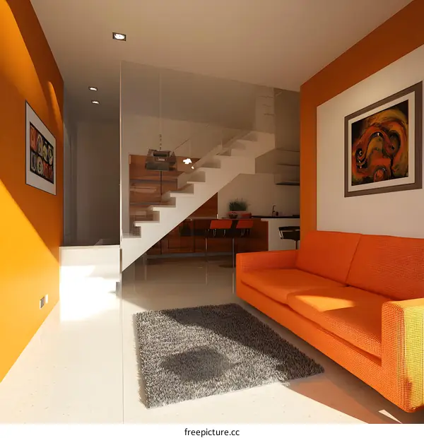 Modern Interior Design With Orange Walls and a White Staircase