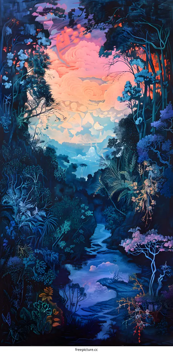 Magical Forest Landscape with Blue Sky and Clouds