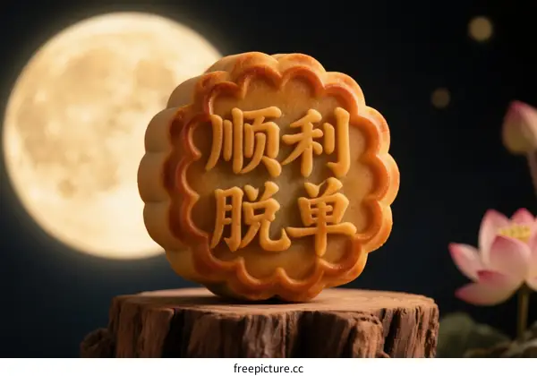 Mooncake with Chinese characters meaning smoothly getting out of single status under the full moon