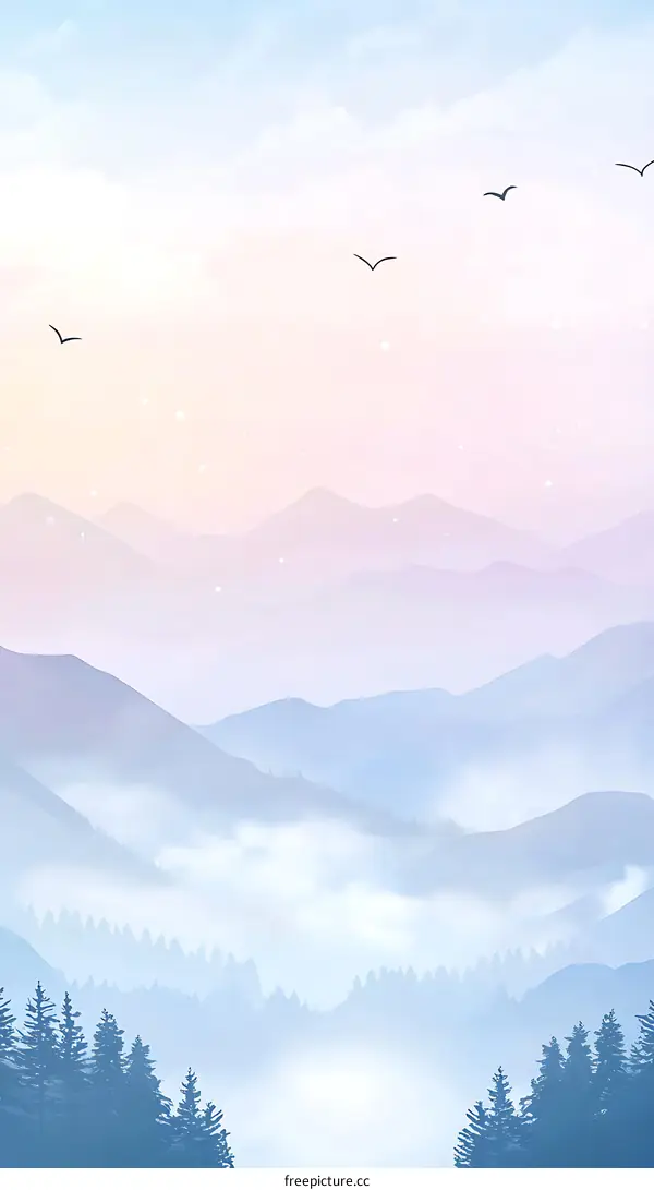 Minimalist Foggy Mountains Illustration With Blue Sky