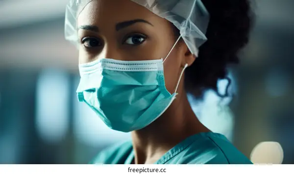 Portrait of a young female doctor wearing a surgical mask and hair cap