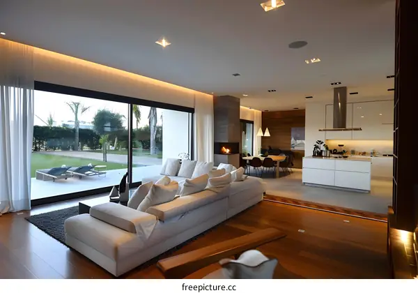 Modern Living Room with Fireplace and Kitchen