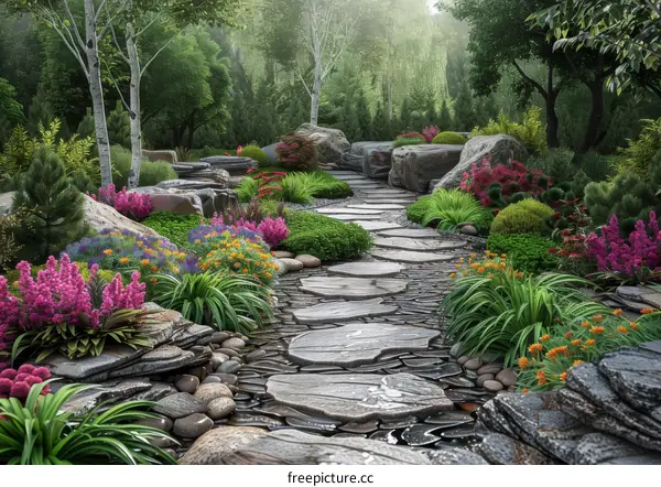 A Tranquil Path Leads Through a Verdant Garden Oasis