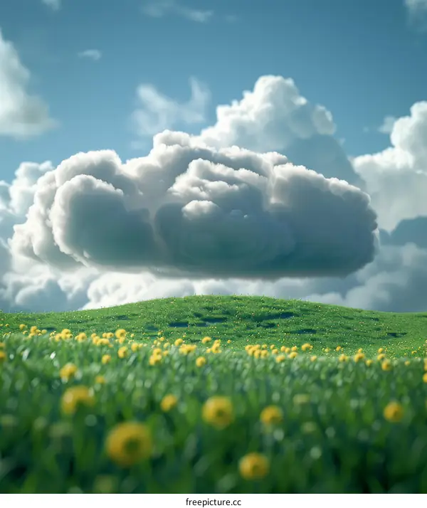 Fluffy white clouds over a verdant meadow
