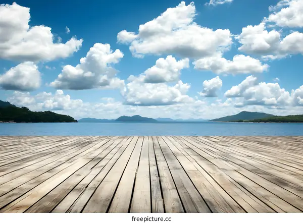 Wooden Deck Overlooking Sea and Blue Sky with White Clouds