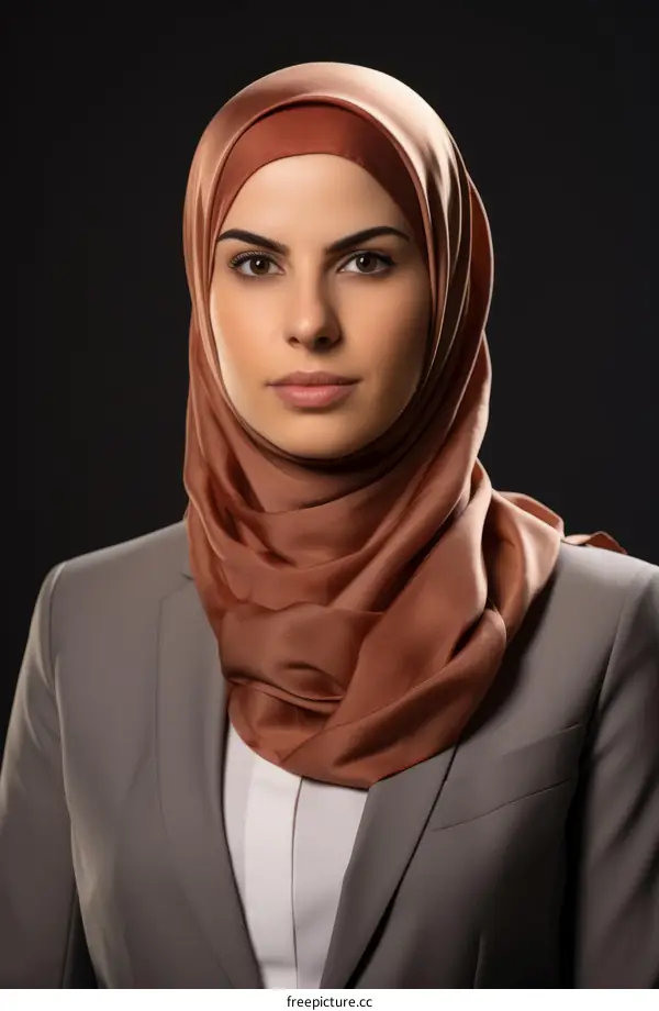 Portrait of a young Muslim woman wearing a brown hijab and a suit