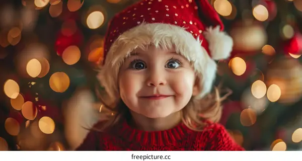 Little girl in Santa hat smiling in front of Christmas tree