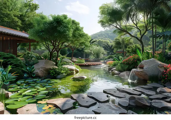 Tranquil Chinese Garden with Pond and Waterfall
