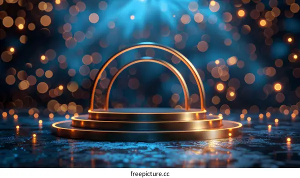 Blue and gold 3D rendering of a stage with spotlights