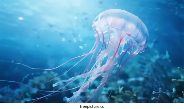 A Transparent Pink Jellyfish Swimming in Clear Blue Ocean Water