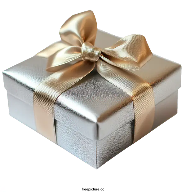 [Transparent Background PNG]Elegant Silver Gift Box with Gold Ribbon