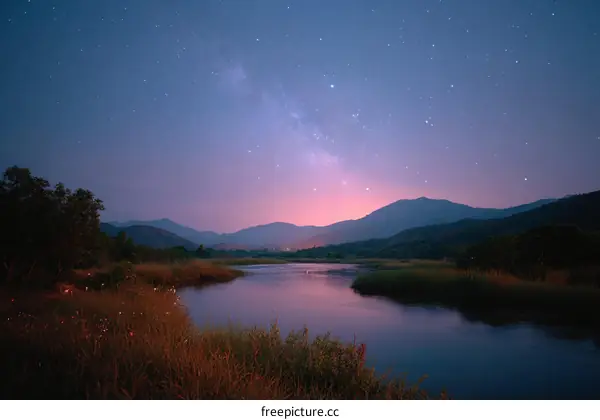 Night Sky Over River and Mountains