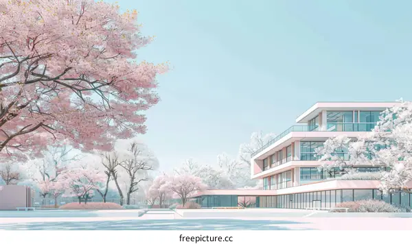 Modern architecture, educational institution, cherry blossoms