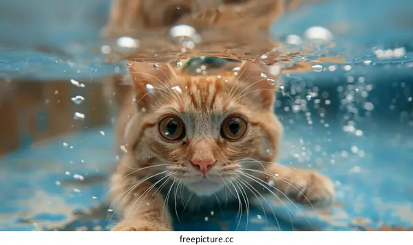 Orange Cat Looking Up While Swimming Underwater