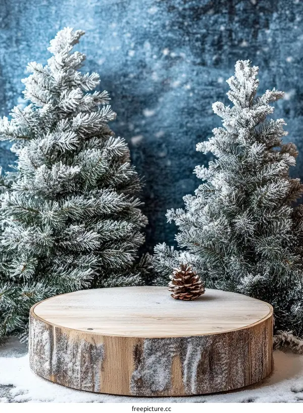 Snowy Christmas Display with Wooden Platform