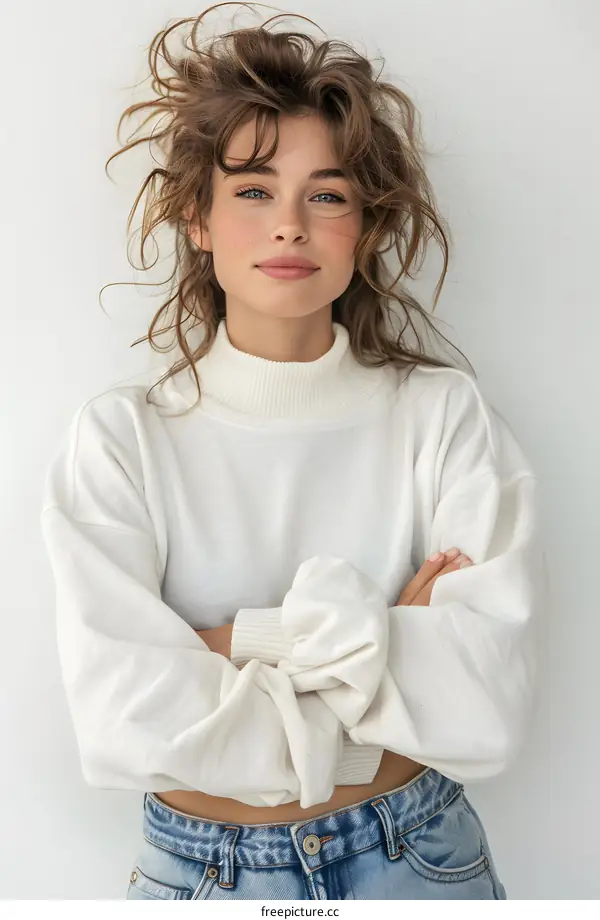 Young Woman Posing with White Sweater and Blue Jeans