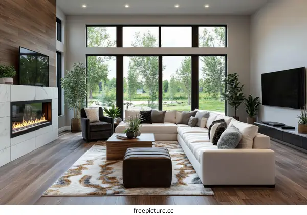 Modern Living Room with Large Windows and Fireplace