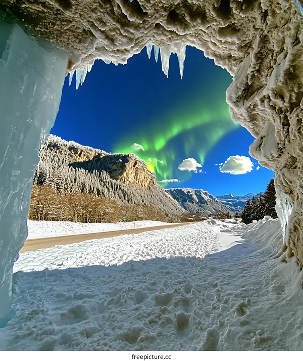 Aurora Borealis Seen Through an Ice Cave