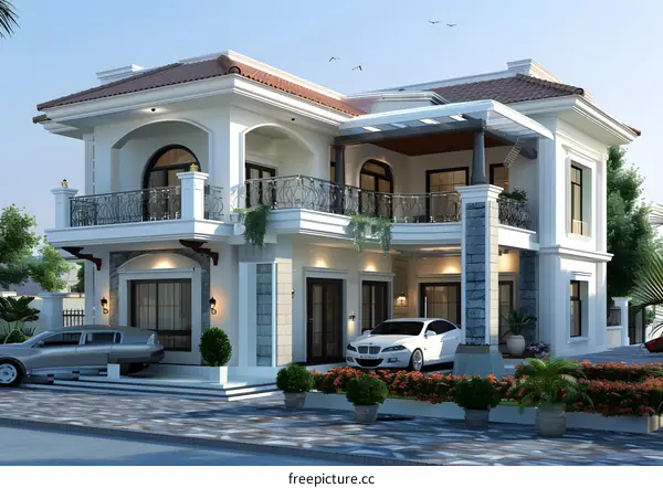 A Three-Story White Villa with Modern Style