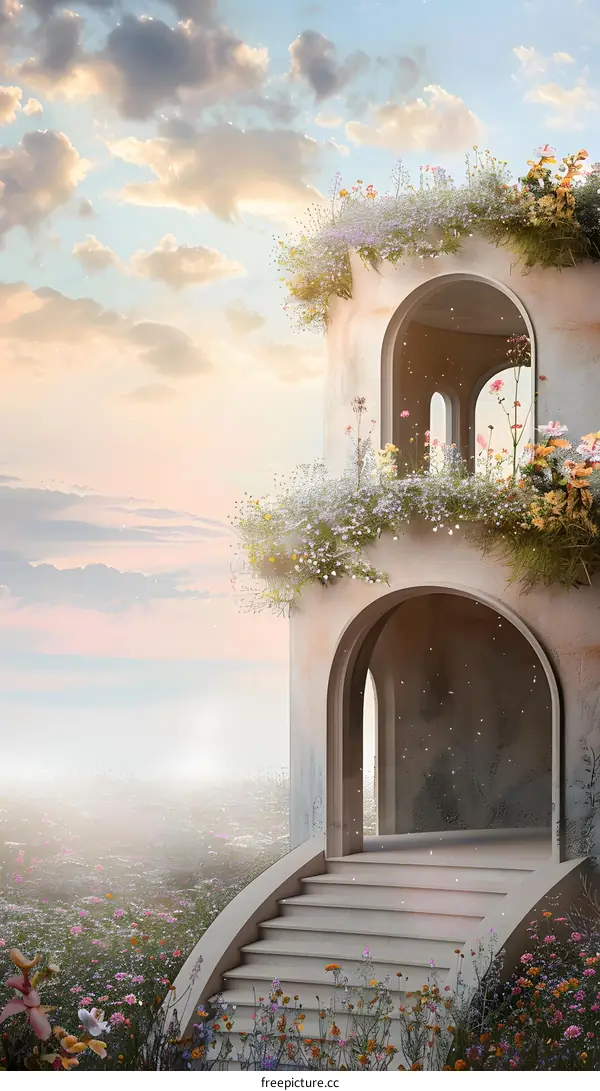Fantasy Architecture with Flowers and a Cloudy Sky