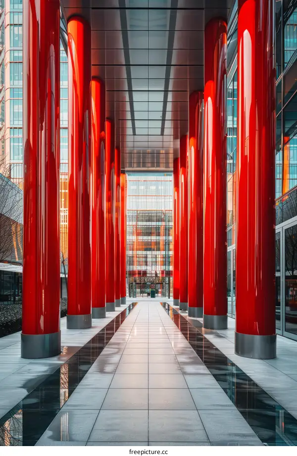 Red columns in a modern building
