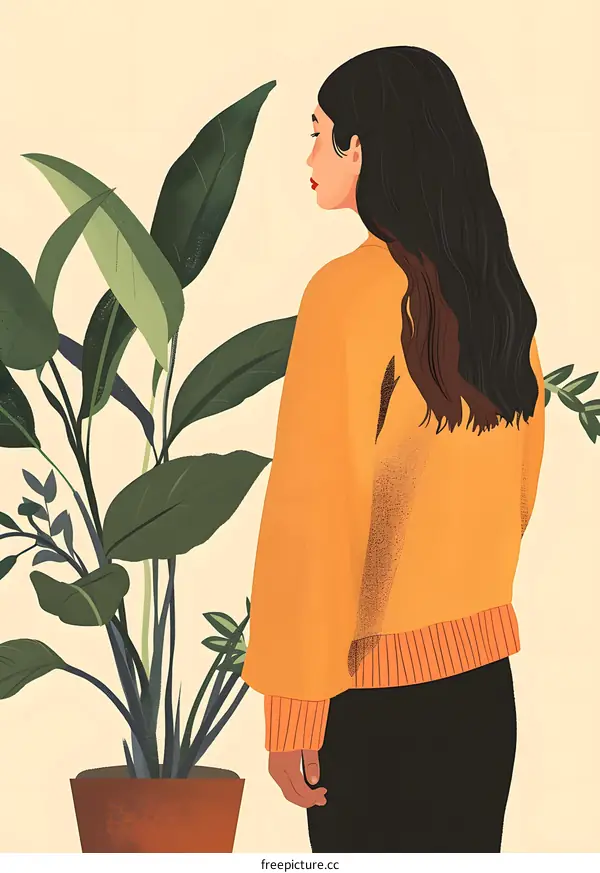 Woman in Yellow Sweater Standing in Front of a Green Plant