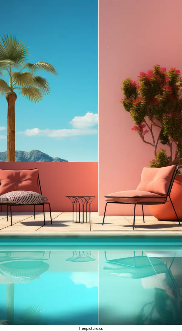 Modern minimalist pink and blue swimming pool patio with lounge chairs