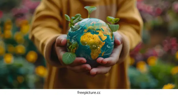Young girl holding a miniature world with plants sprouting from it