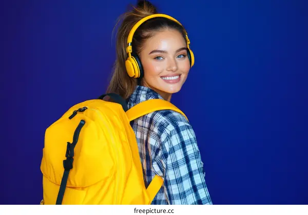 Smiling Woman with Yellow Backpack and Headphones